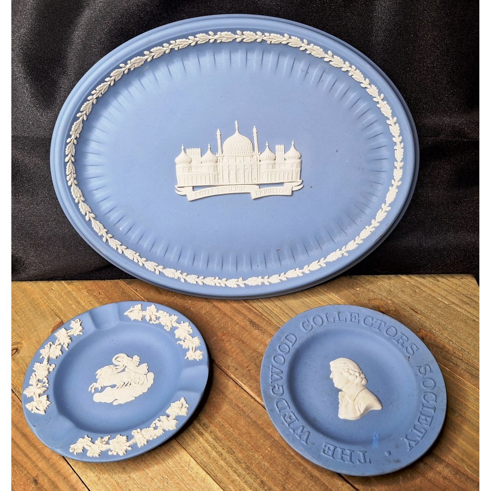 Wedgwood Jasperware Blue Set Royal Pavilion Brighton Tray & Ashtray & Plate 3pc